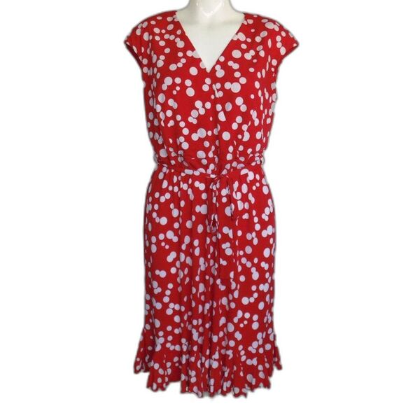 GLAMOUR Dress, 8, Red, White Ditzy Polka dots, Sleeveless, Sash belt, VINTAGE - Picture 13 of 13